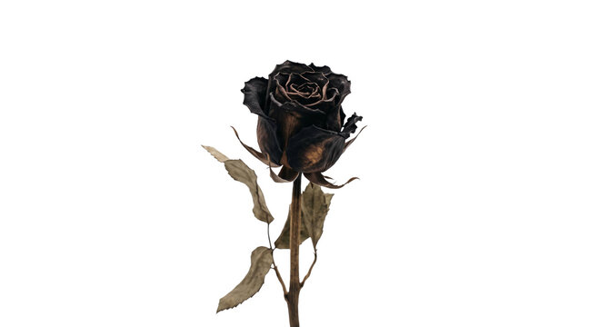 Single dried black rose with withered leaves on a white background