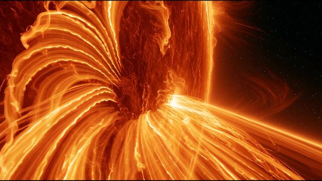 Bright plasma erupts from a stars surface in deep space. The flare moves with force, showing dynamic activity in the cosmos.