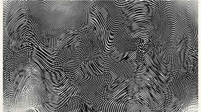 Dynamic monochrome abstract pattern featuring intricate wavy lines and a captivating moir&eacute; effect ideal for contemporary graphic design digital art and unique technology backgrounds