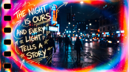 Obraz premium Dynamic urban nightlife photography featuring blurred city lights pedestrians and a reflective wet street surface enhanced by a creative film frame and an uplifting message about the night being