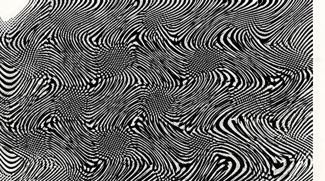 Hypnotic black and white optical illusion background featuring distorted wavy lines and a psychedelic moire pattern that creates a dynamic sense of movement for creative design projects