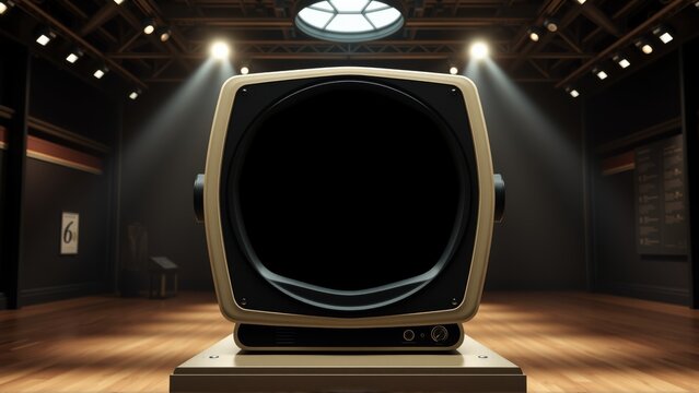 Vintage television displayed within museum setting. Dramatic lighting highlights object, creating stark contrast. Gallery space appears formal, quiet.