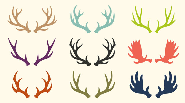 Set of 9 colorful deer and moose antler silhouettes. Rustic elk and reindeer horn vector icons in a minimalist flat design.