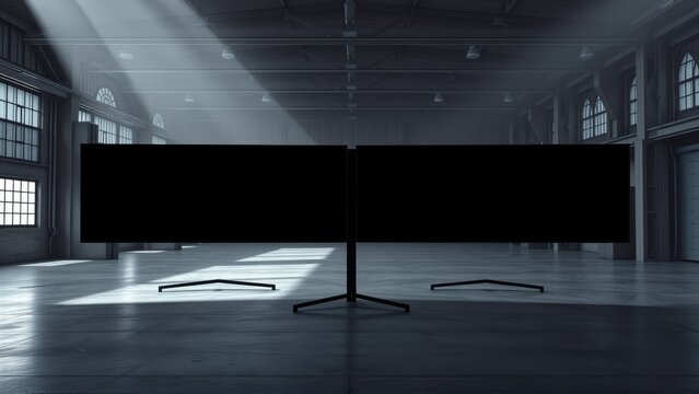 Vast warehouse interior. Two large dark screens dominate space. Dramatic lighting creates strong contrast, shadows. Minimalist aesthetic.