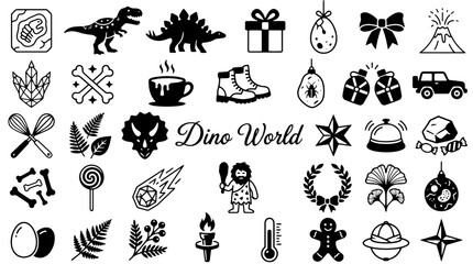 Fototapeta premium Dino World prehistoric icon set, black dinosaur silhouettes and fossils, ancient nature and paleontology vector elements isolated on Transparent Background