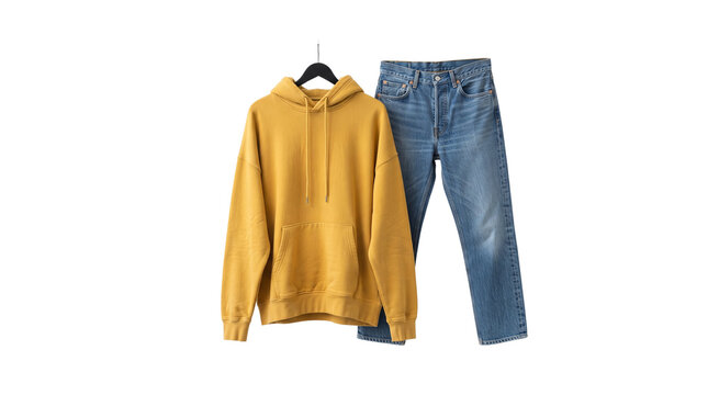 Mustard yellow hoodie and blue denim jeans on hanger, casual streetwear outfit isolated on white, minimalist fashion apparel mockup