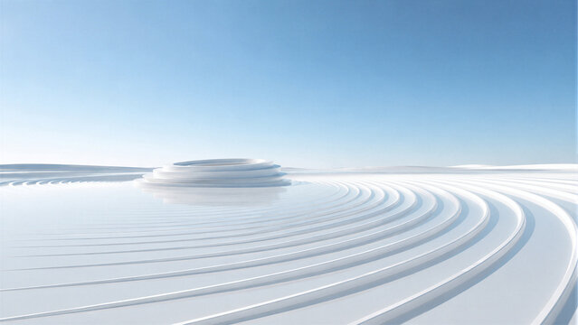 Abstract white geometric landscape with concentric circles and a clear blue sky
