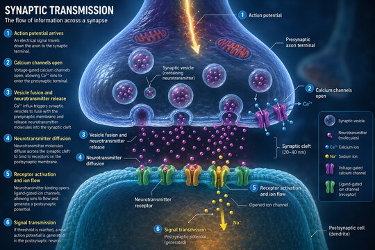 scientific infographic of a synaptic cleft during neurotransmission, depicting presynaptic axon terminal, neurotransmitter vesicles, synaptic gap, and postsynaptic receptors with ion channels opening