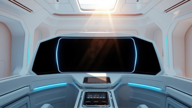 Futuristic cockpit interior. Bright light source visible through window. Clean lines, white surfaces, blue illumination present. Minimalist design.