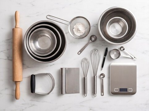 Overhead flat lay of professional baking tools including rolling pin and mixing bowls on clean marble countertop