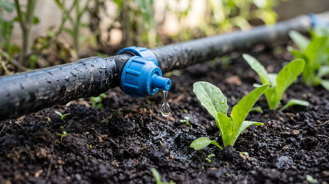 A close-up view of a modern drip irrigation system delivering water droplets to young green seedlings in fertile soil demonstrating efficient water conservation for sustainable gardening and