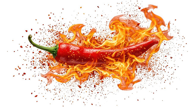 Red chili pepper engulfed in flames and chili powder isolated on transparent background