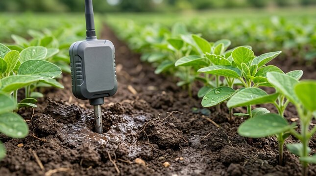 Smart agriculture soil sensor in green crop field. Digital farming technology for moisture monitoring. IoT agritech device in fertile earth.