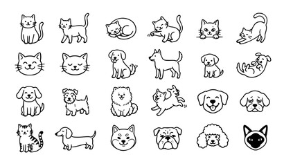 Obraz premium cats, dogs, doodle, pets, animals, kitten, puppy, cute, handdrawn, outline, lineart, vector, icon, clipart, sitting, standing, face, portrait, canine, feline, domestic, friendly, playful, sketch, coll