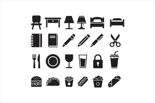 Everyday objects and furniture icon set in solid black style. Vector illustration for interior, office, stationery, food, and UI design.