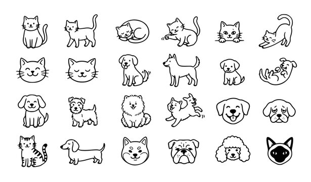 cats, dogs, doodle, pets, animals, kitten, puppy, cute, handdrawn, outline, lineart, vector, icon, clipart, sitting, standing, face, portrait, canine, feline, domestic, friendly, playful, sketch, coll