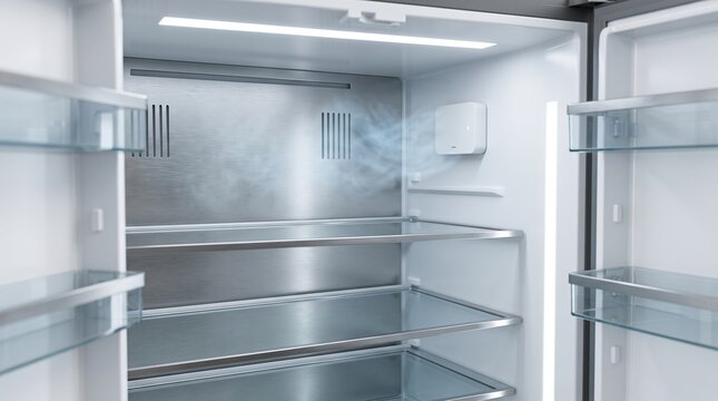 Modern empty refrigerator with cold air mist, stainless steel fridge interior with glass shelves, clean kitchen appliance cooling system