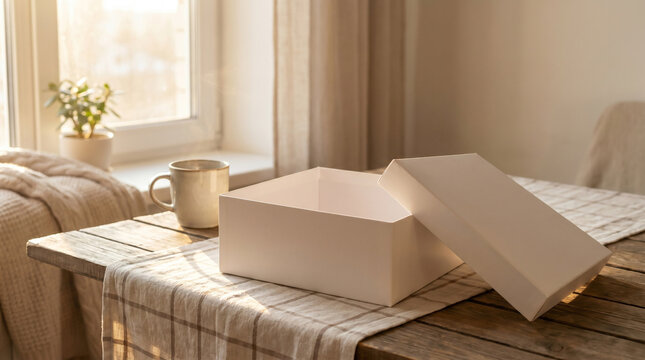 Open White Gift Box on Table with Coffee Cup and Plant by Window