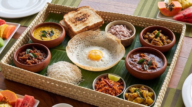Complete Sri Lankan Breakfast Spread with Hoppers Pittu Roti Sambal and Curries