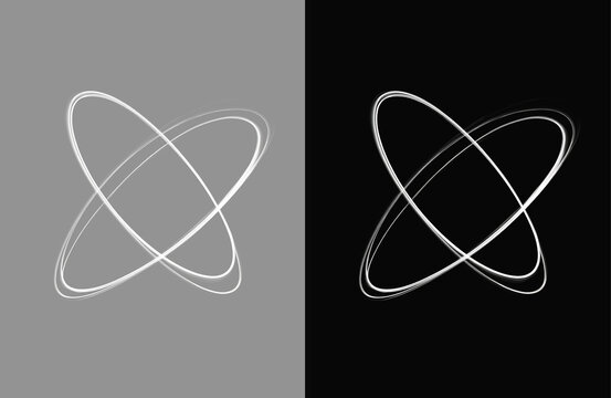 White glowing intersecting orbital light rings set on grey and black backgrounds