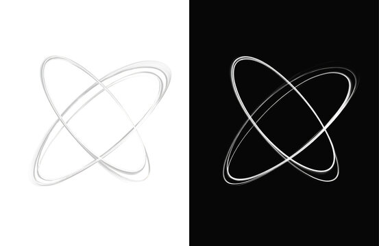 White glowing intersecting orbital light rings set on white and black backgrounds