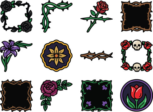 Halloween Premium, Vintage tattoo tattoo collection rose blackwork frame skull with roses floral design. Old school border square seal vector template. isolated PNG with Transparent Background