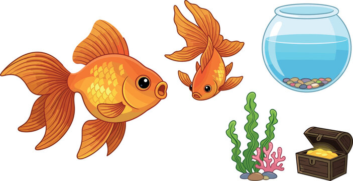 Cute domestic goldfish vector set with cartoon orange aquarium fish swimming glass fishbowl seaweed coral reef and pirate treasure chest box