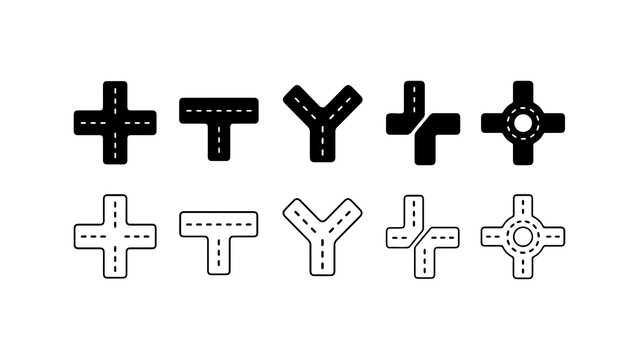 Road Junction Intersection Icon Set in Silhouette and Outline Style