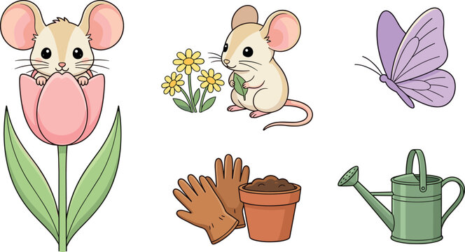 Cute spring garden mouse vector set with cartoon character sitting inside tulip flower yellow blossoms purple butterfly gloves pot and watering can
