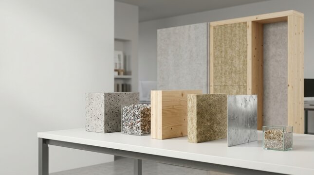 Sustainable building material samples on white table. Eco-friendly construction insulation blocks. Modern architectural material library.