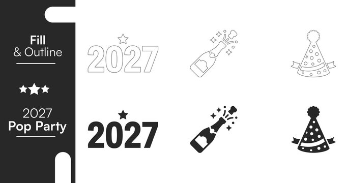 2027 New Year party icons, 6 fill and outline vector elements. Champagne bottle and party hat set for 2027 celebration. editable paths.