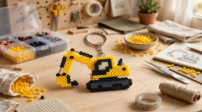 wooden table perler bead excavator keychain craft