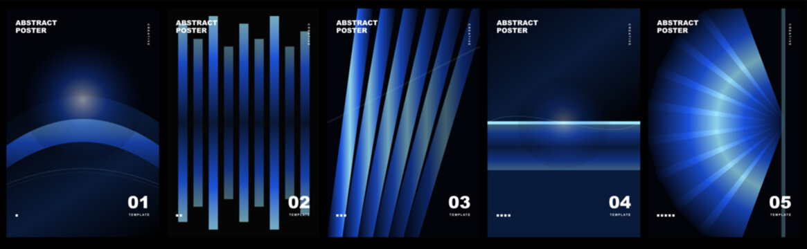 Set of modern abstract posters with glowing blue light effects, lines, and wave shapes on dark . Vector illustration, set vector, set poster, set abstract poster design.
