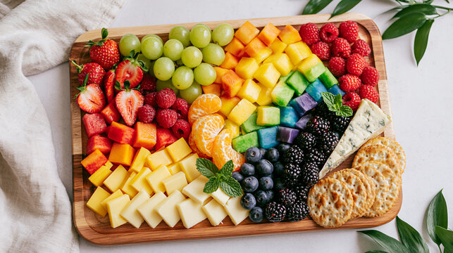 Vibrant flatlay of a charcuterie board featuring a rainbow arrangement of fresh berries, tropical fruits, assorted cheeses, and crackers. Ideal for healthy eating, party catering, and summer snacks.