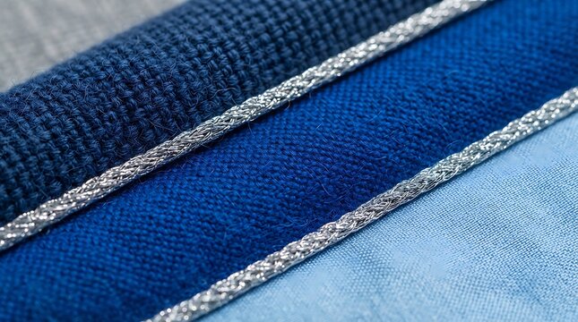 Blue fabric layers with silver thread trim and textured textile background