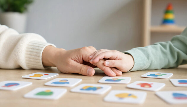 Hands Using Picture Communication Cards for Autism Speech Therapy Session