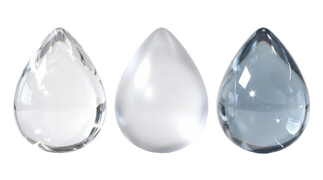 Three Transparent Teardrop Shaped Gemstones Isolated.