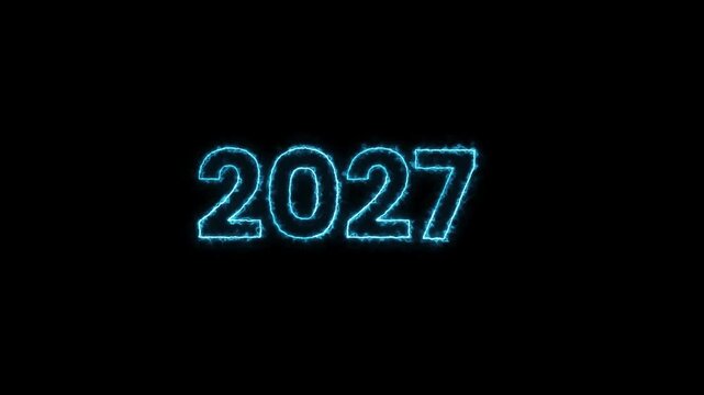Three glowing blue neon twenty twenty seven year numbers on black