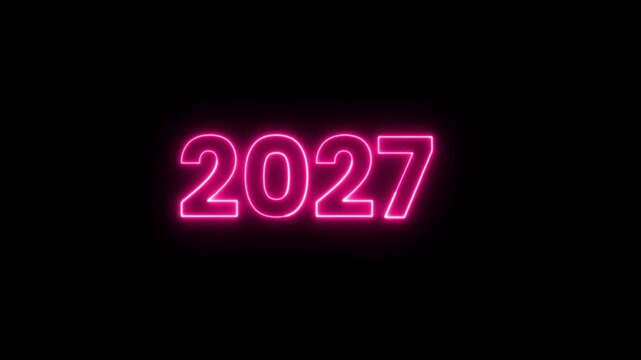 Glowing pink neon text representing the year 2027 on black background