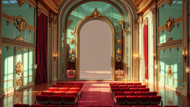 Ornate theater interior. Rows seats face large arched opening. Gold details, red curtains, teal walls create lavish space.