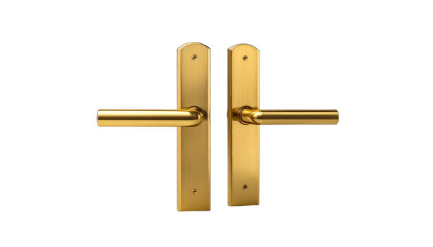 Two polished brass lever door handles mounted on rectangular backplates. isolated on white background.