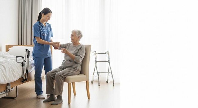 Home health aide assisting elderly woman with arm movement while sitting in a chair with walker nearby
