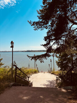 Russia, Novosibirsk, July 2, 2026: view of the beach at the Sosnovka sanatorium, Berdsk.