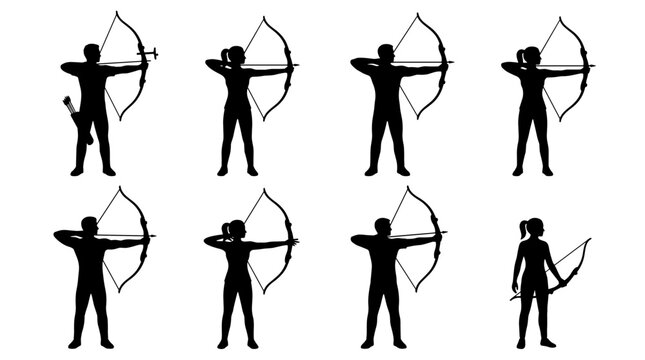 Set of silhouettes showing archers drawing bows and aiming, flat black icons for sports, hunting, training, competition, accuracy, target focus