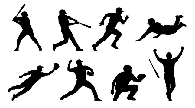 Set of baseball silhouettes in various action poses, batting, pitching, running, sliding and catching, ideal for sports branding and team designs