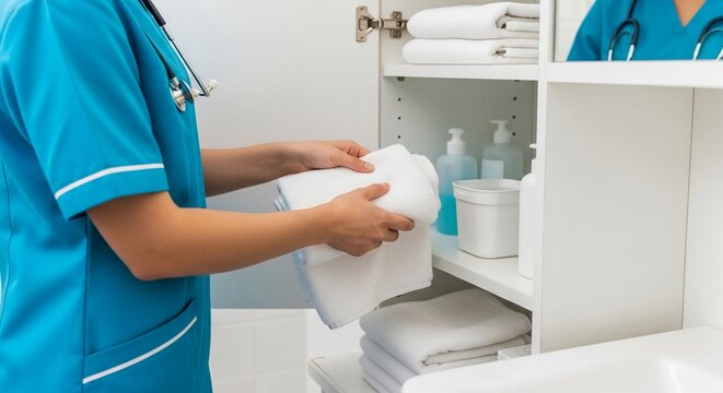 Home health aide carefully folds clean white towels while organizing a medical cabinet for patient care