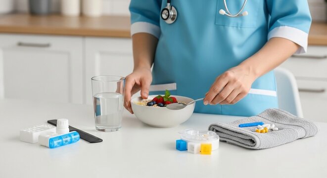 Home health aide preparing a nutritious breakfast bowl of oatmeal with berries and fruit for a patient, showcasing care and wellness.