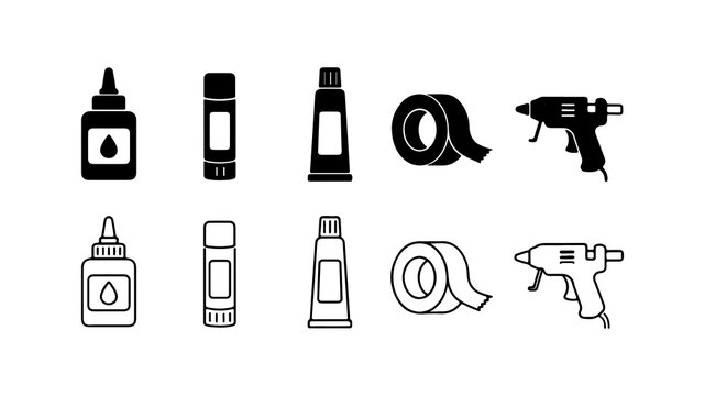 Adhesive Tools Icon Set in Silhouette and Outline Style Vector