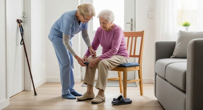 Home health aide providing gentle knee assistance to an elderly woman seated in a chair indoors