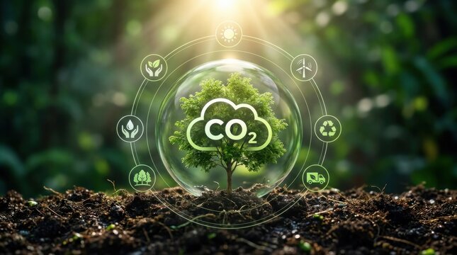 A conceptual image showing a small green tree growing inside a glass sphere with a CO2 cloud icon, surrounded by environmental sustainability icons, representing carbon neutrality and climate action.